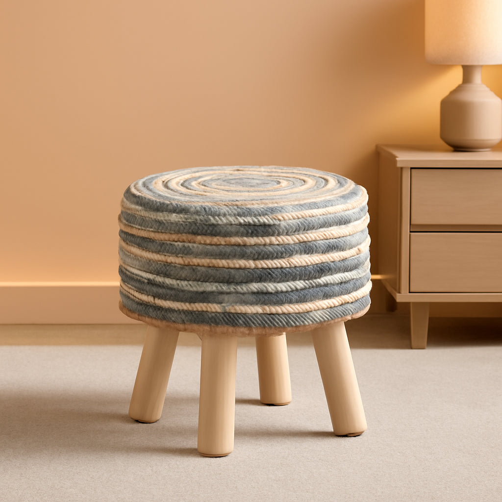 NEW Round Seagrass Ottoman Footstool Handwoven Natural Blue