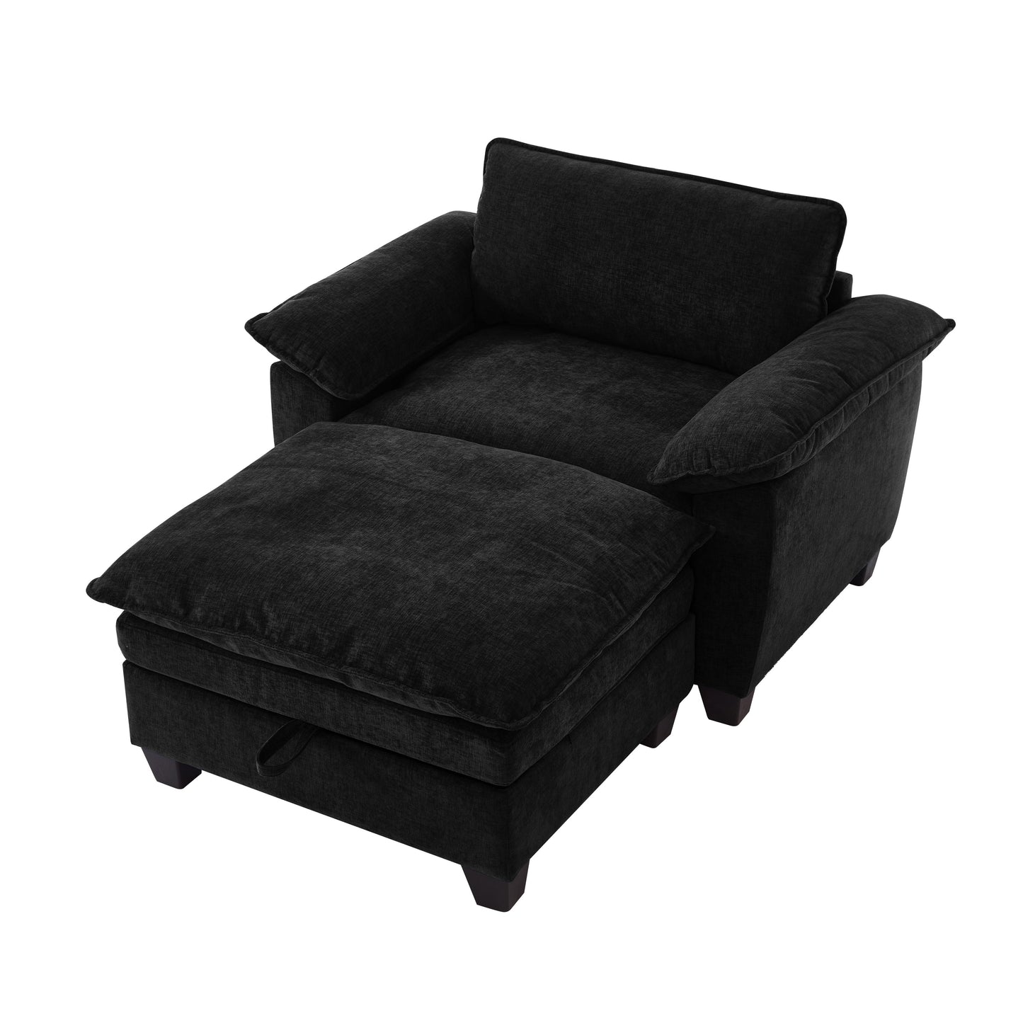 NEW 51' Oversize Chaise Lounge Chair with Ottoman and Storage  Upholstered Soft Chenille Black
