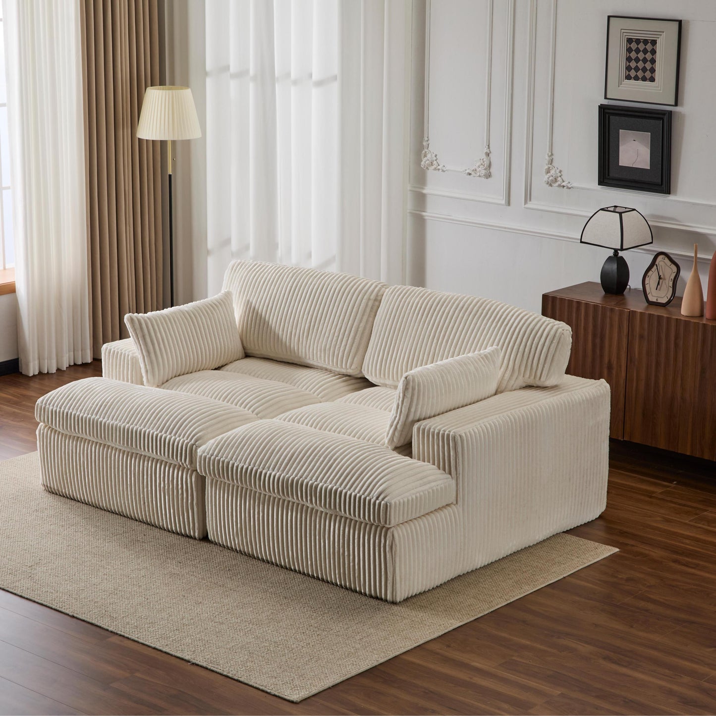 NEW Double Chaise Lounge Chair Indoor,Oversized Upholstered Sleeper Cloud Couch,Deep Seat Luxury Sofa Bed,Sectional Sofa Chaise Love-seat,Corduroy Reading Chair for Living Room,No Assembly Required,White