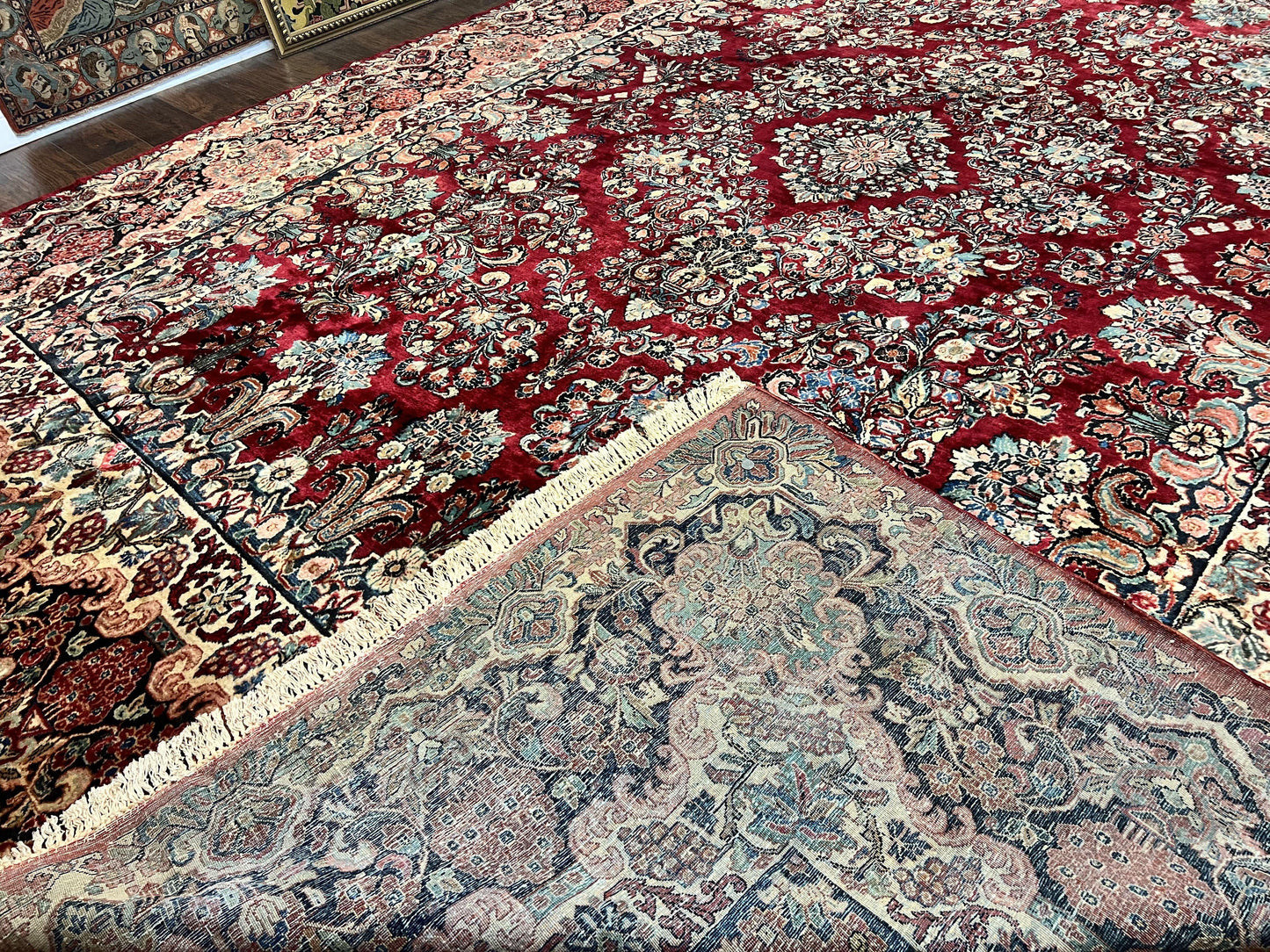 USED Persian Sarouk Rug 12x17, Wool Hand Knotted Antique Carpet, Dark Red, Traditional Floral Oriental Rug, 12 x 17 Extra Large Handmade Rug