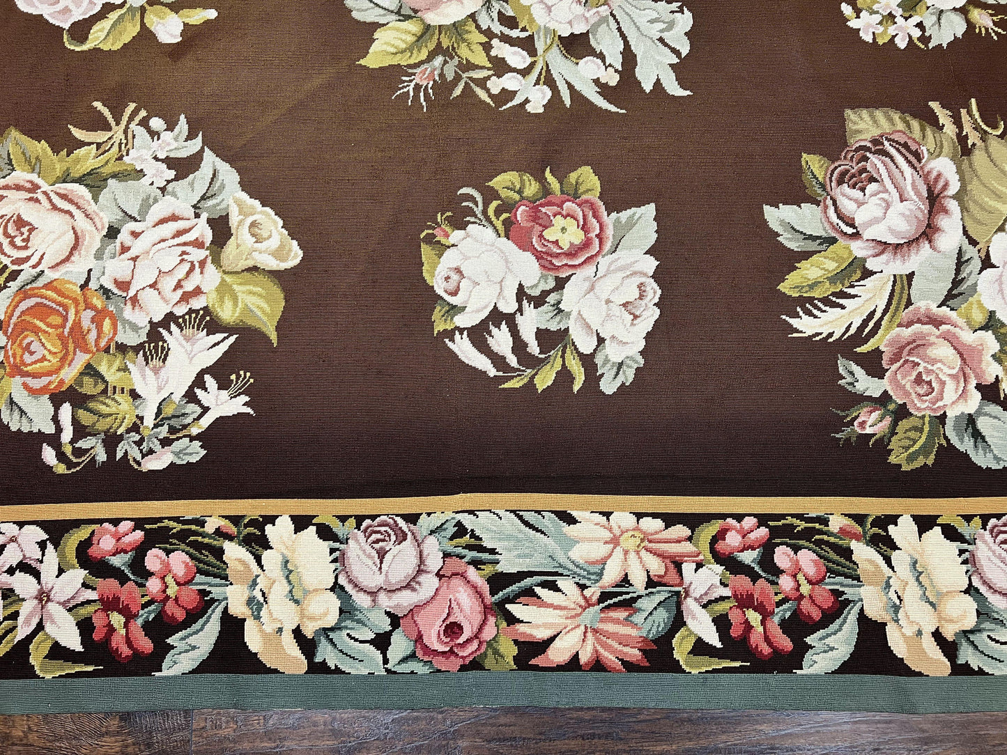 USED Vintage Needlepoint Rug 9x12, Large Handmade Hand-woven Needlepoint Carpet, Brown Area Rug, Floral Bouquets, Wool Rug, European Design