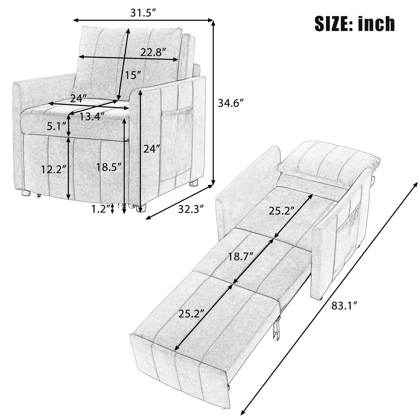 NEW Black Chenille Upholstered Convertible Sleeper Sofa with 5-Position Backrest Side Pockets Storage