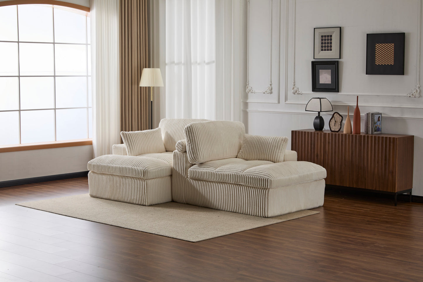 NEW Double Chaise Lounge Chair Indoor,Oversized Upholstered Sleeper Cloud Couch,Deep Seat Luxury Sofa Bed,Sectional Sofa Chaise Love-seat,Corduroy Reading Chair for Living Room,No Assembly Required,White