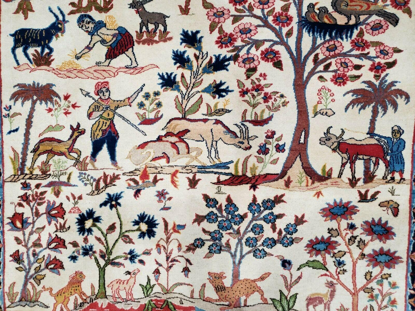 USED Antique Persian Isfahan Rug 5x7, Animal and Human Pictorials, Hand Knotted Fine Oriental Wool Carpet, Cream and Red, High KPSI, Vintage Rug 5 x 7 ft