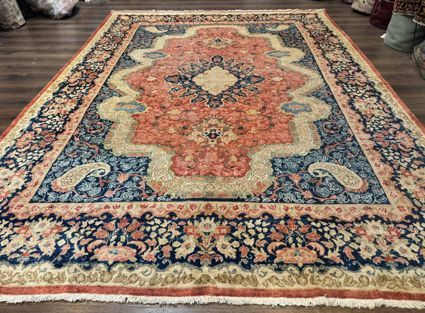 USED Antique Persian Sarouk Rug 9x12, Boteh Paisleys, Light Red Navy Blue