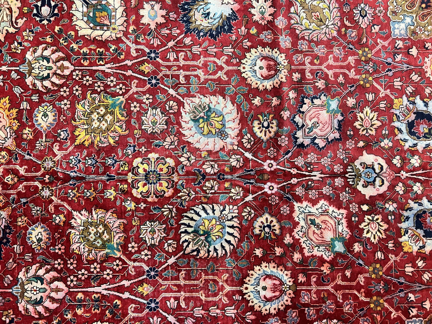 USED Persian Tabriz Rug 10x12, Floral Allover, Handmade Vintage Wool Carpet, Red and Cream