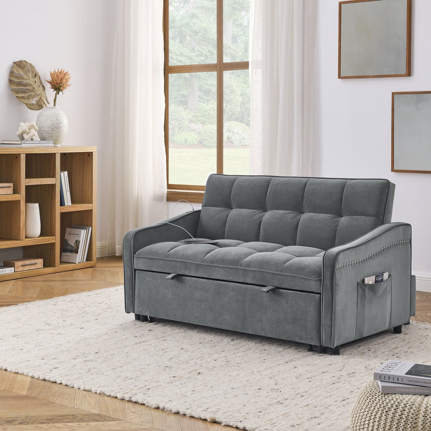 NEW Grey Copper Nail Loveseat Sofa Bed with Pull-out Bed Adjustable Back and Two Arm Pocket TypeC USB Charging