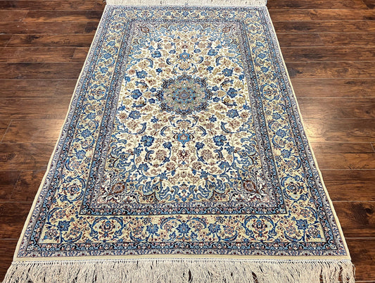 USED Persian Isfahan Rug 5x8, Kork Wool on Silk Foundation, 440 KPSI, Handmade Vintage Carpet, Floral Medallion Oriental Rug, Ivory & Blue, Very Fine