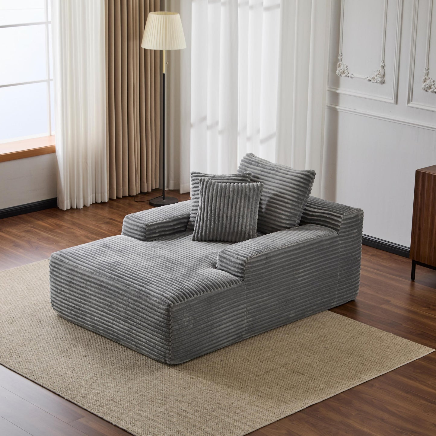 NEW Grey Oversized Chaise Lounge Chair Cozy Cloud Couch Modern Plush Corduroy Upholstered Sleeper Sofa Daybed with 3 Throw Pillows and Wide Armrest