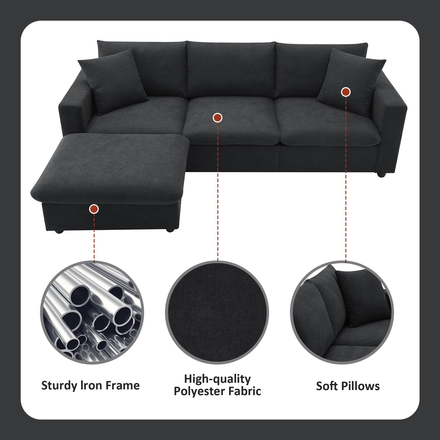 NEW L-shaped 4-Seat Polyester Black Fabric Modern Sectional Sofa