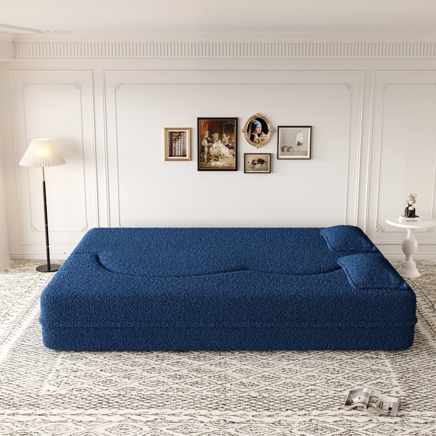 NEW Modern Blue Convertible Teddy Fabric Foam Filled Sleeper Sofa Bed 15' Full Size Folding Mattress Floor with 2 Pillows