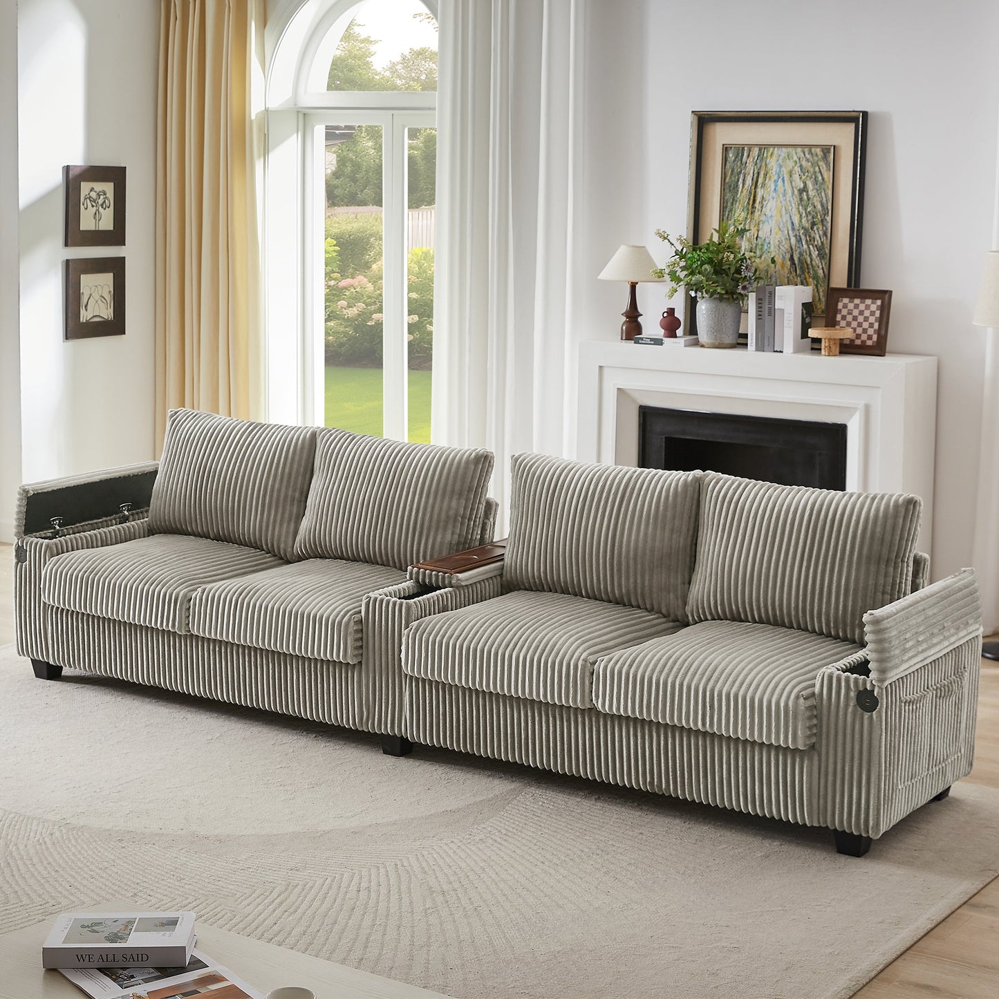 NEW Modern 4-Seater Corduroy Sofa Couch with USB Ports, Hidden Storage Arms, and Flip-Top Cup Holders, Brown, 133 Inches