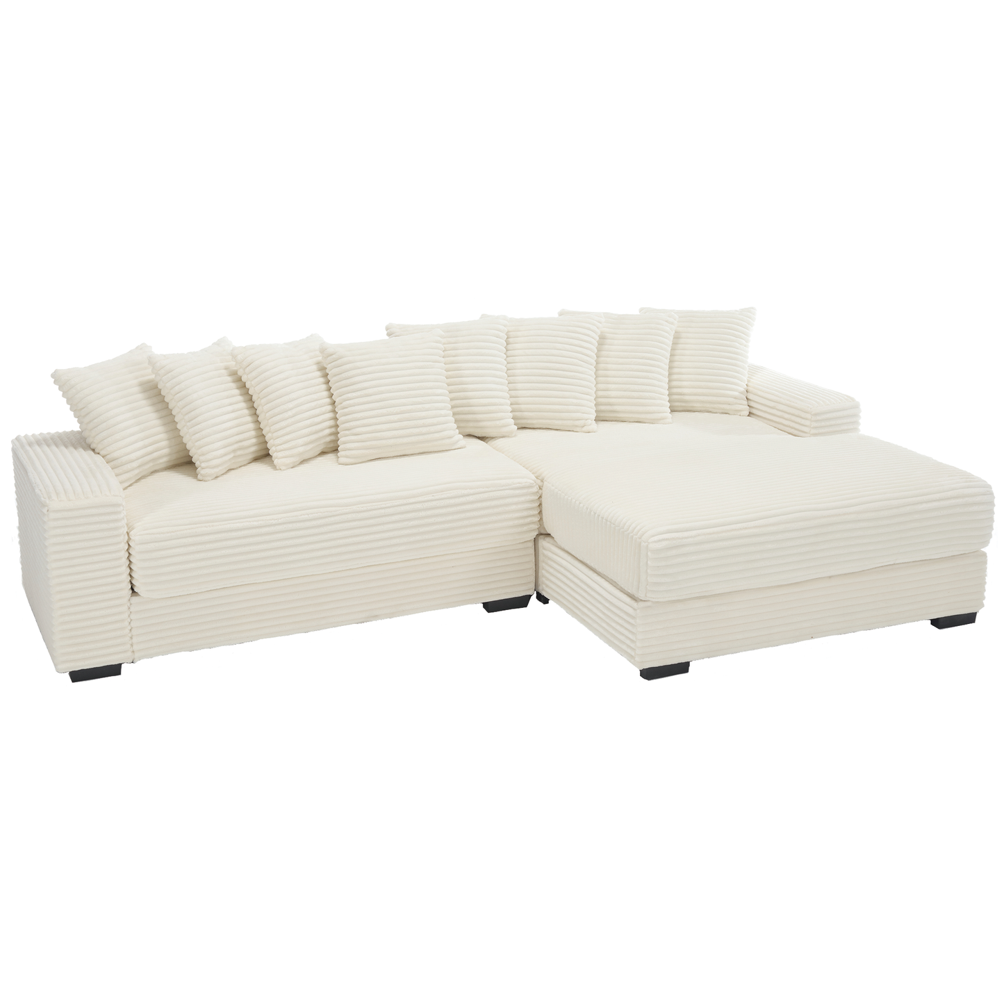 NEW Beige Corduroy Oversized Two-Piece L Shaped Sofa Couch (Right Chaise Daybed Corner with Armrests and Eight Throw Pillows
