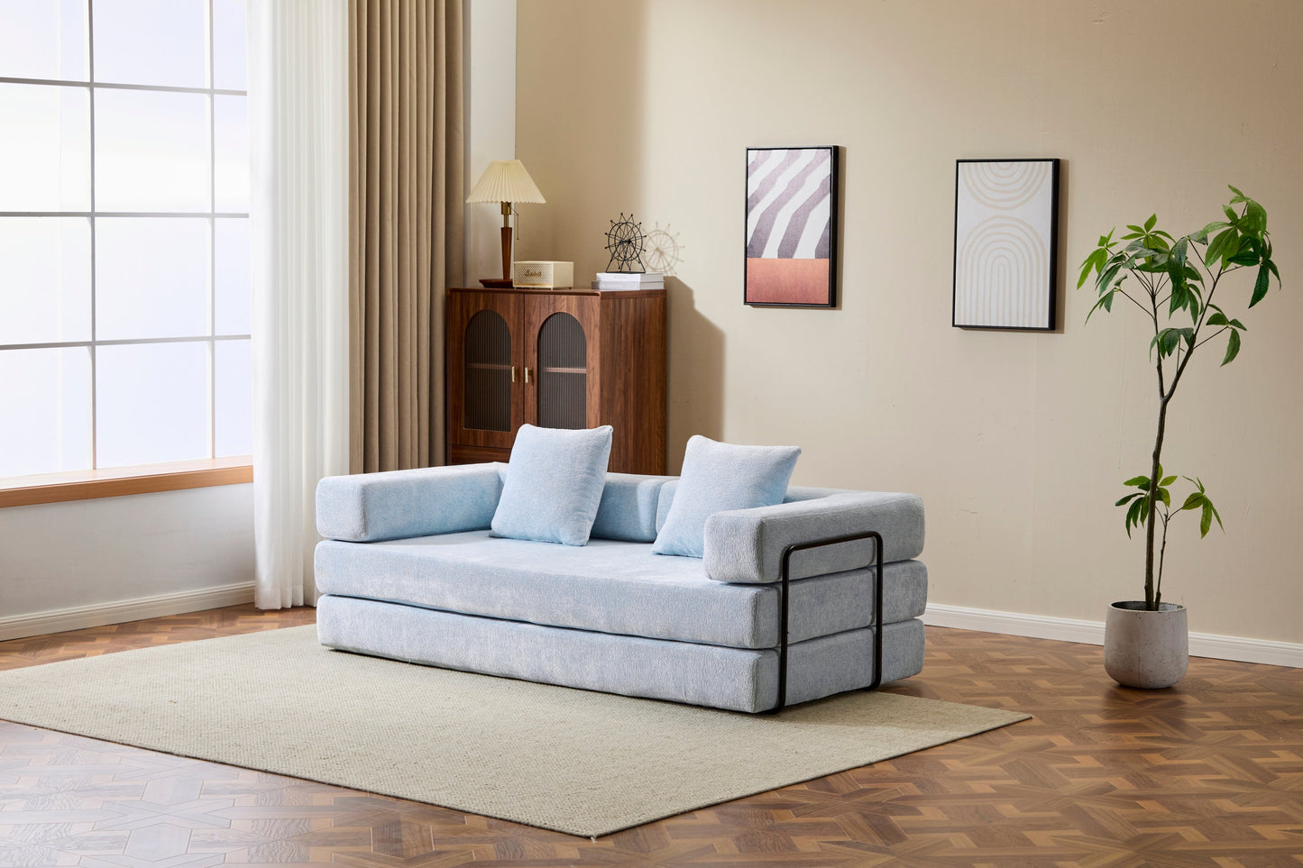 NEW Light Blue Chenille Fabric Floor Couch Compression Convertible Sofa Bed with Pillow Back Support Armrest Comfy Futon Couch Lounge Sleeper Bed