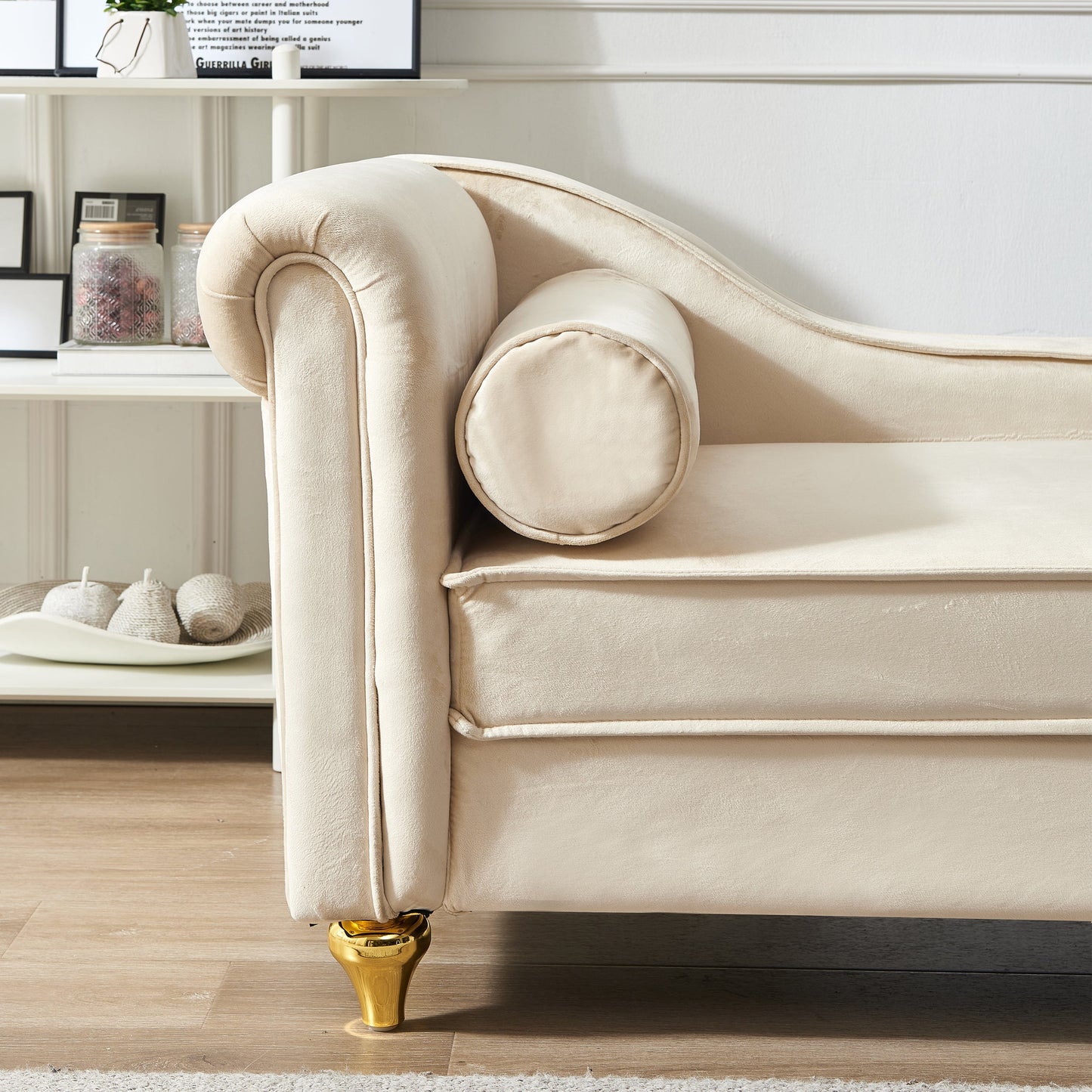 NEW Modern Beige Velvet Upholstered Chaise Lounge Chair with Storage