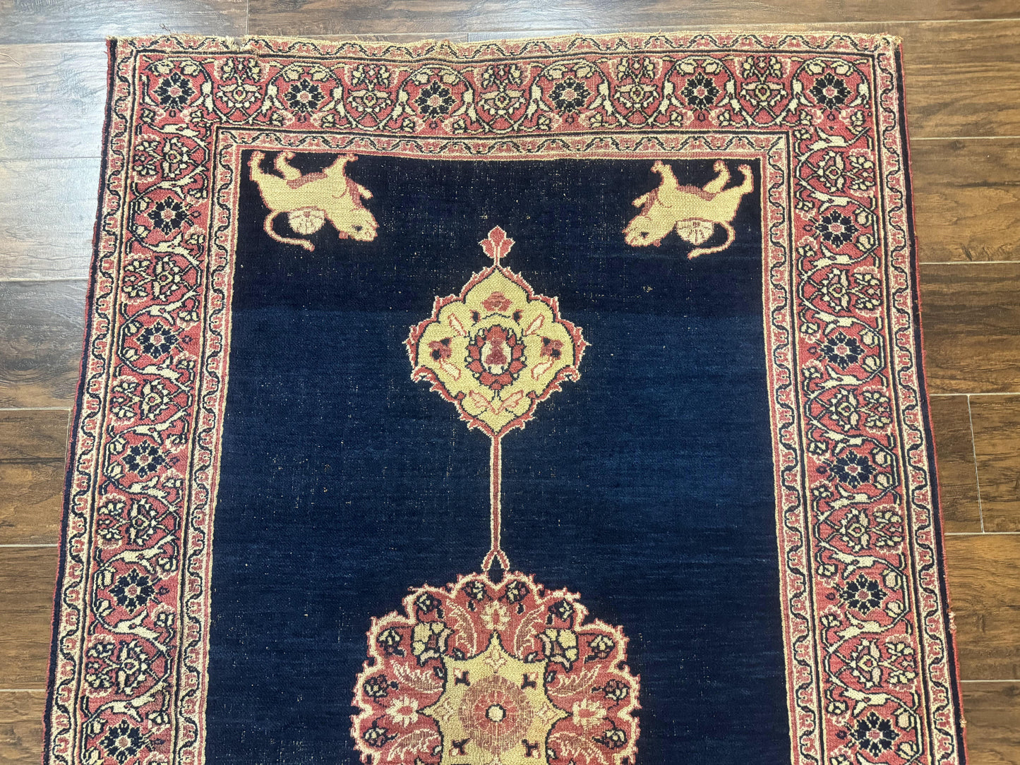USED Antique Persian Mashad Rug 4x6, Semi Open Field, Navy Blue, Lion Pictorials, Triple Medallion, Dorokhsh Rug