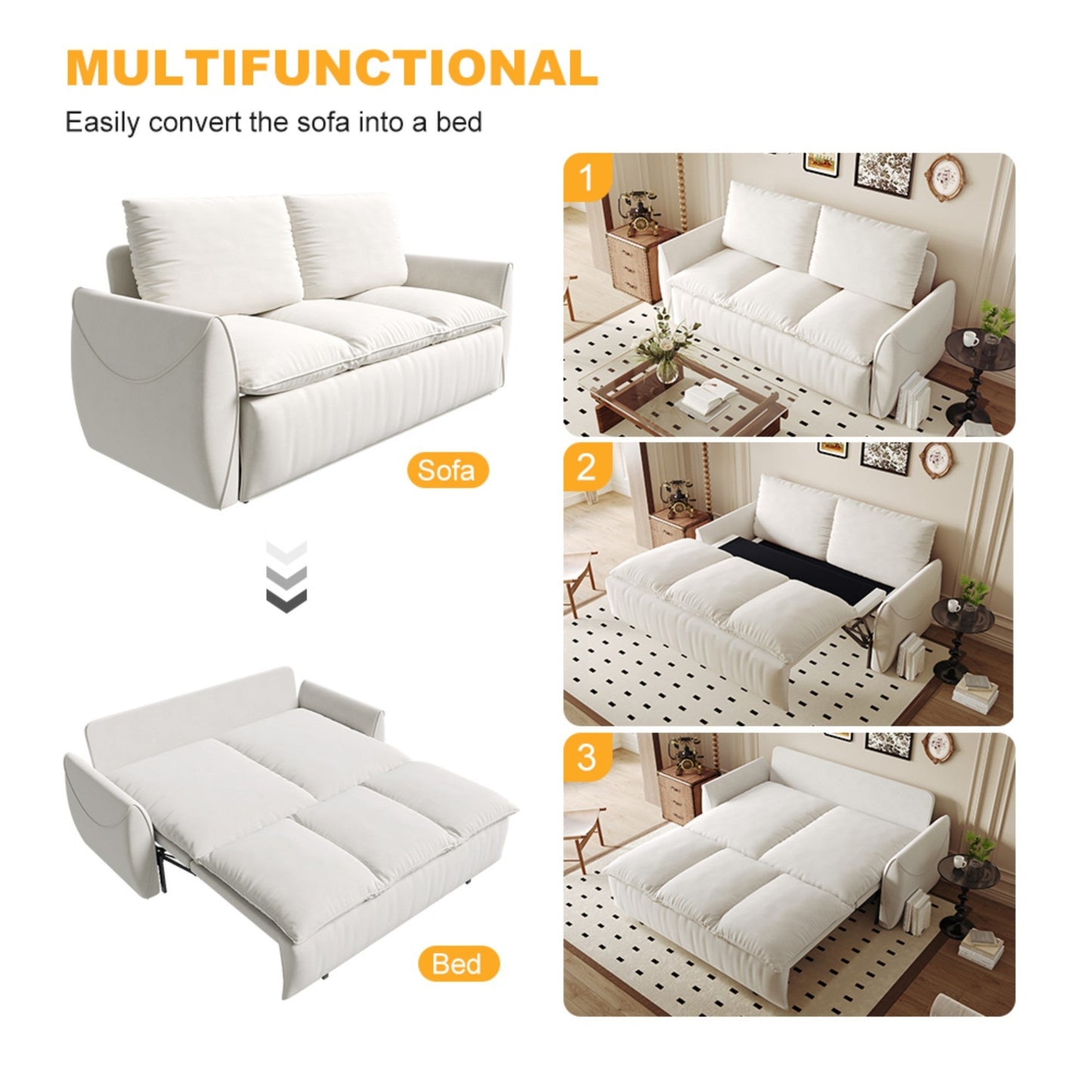 NEW 70.9' Beige Multi-Functional Velvet Loveseat Pull Out Sofa Bed 3-Seat Convertible Sleeper Couch with 2-in-1 Pillow and Blanket Set