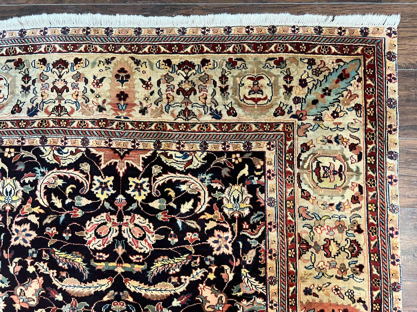 USED Indo Persian Rug 5x15, Wide Runner Rug 5 x 15 ft, Wool Hand Knotted Vintage Carpet, Black & Cream, Floral Allover Long Oriental Rug