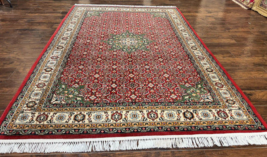 USED Persian Tabriz Rug 7x10, Wool Hand Knotted Vintage Carpet, Red Green & Cream, Herati Pattern, 7 x 10 Room Sized Oriental Rug