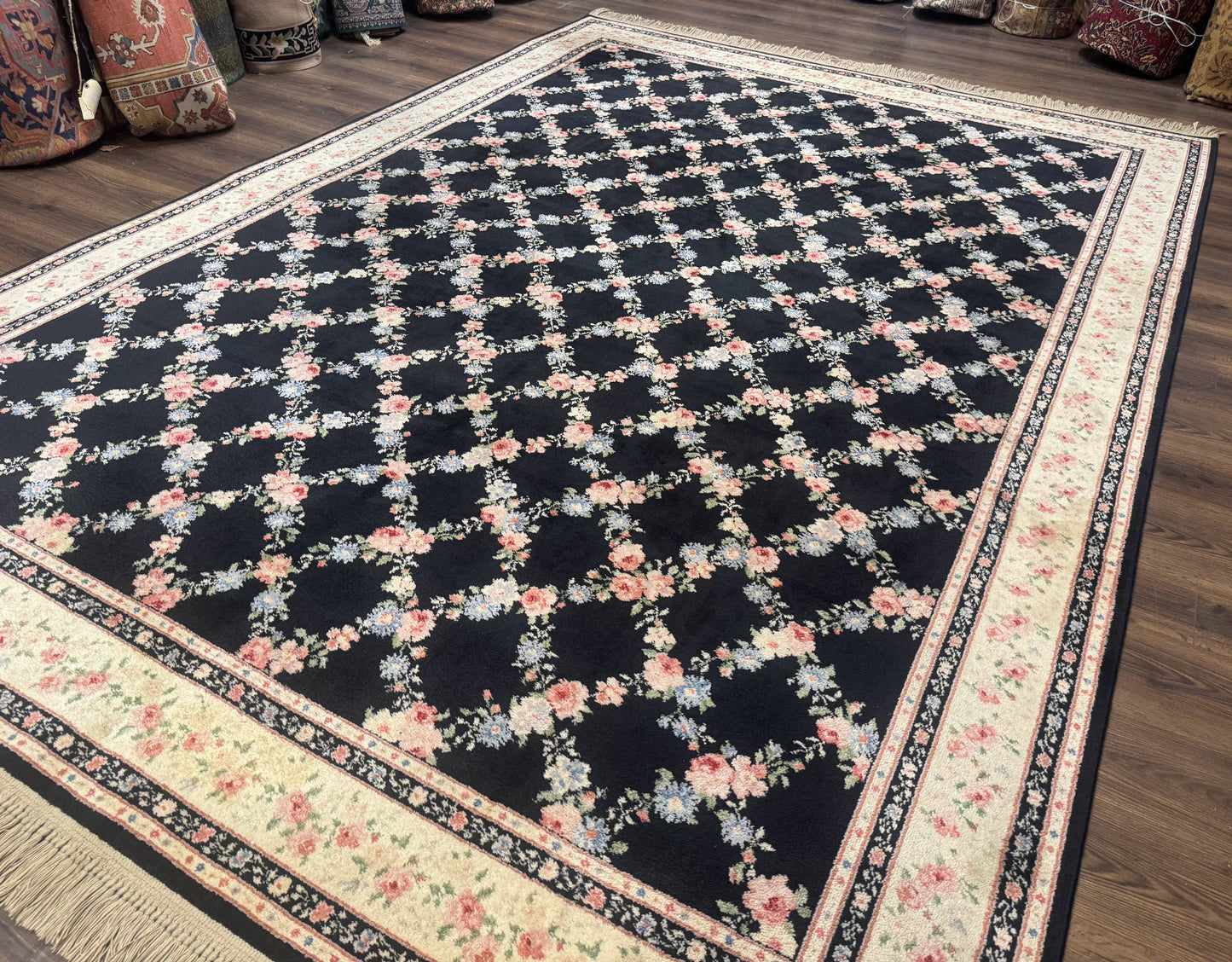USED 8.8 x 12 Karastan Garden of Eden Rug, Ebony Trellis #509/1270, Black, Floral, Wool Pile, Vintage, Discontinued