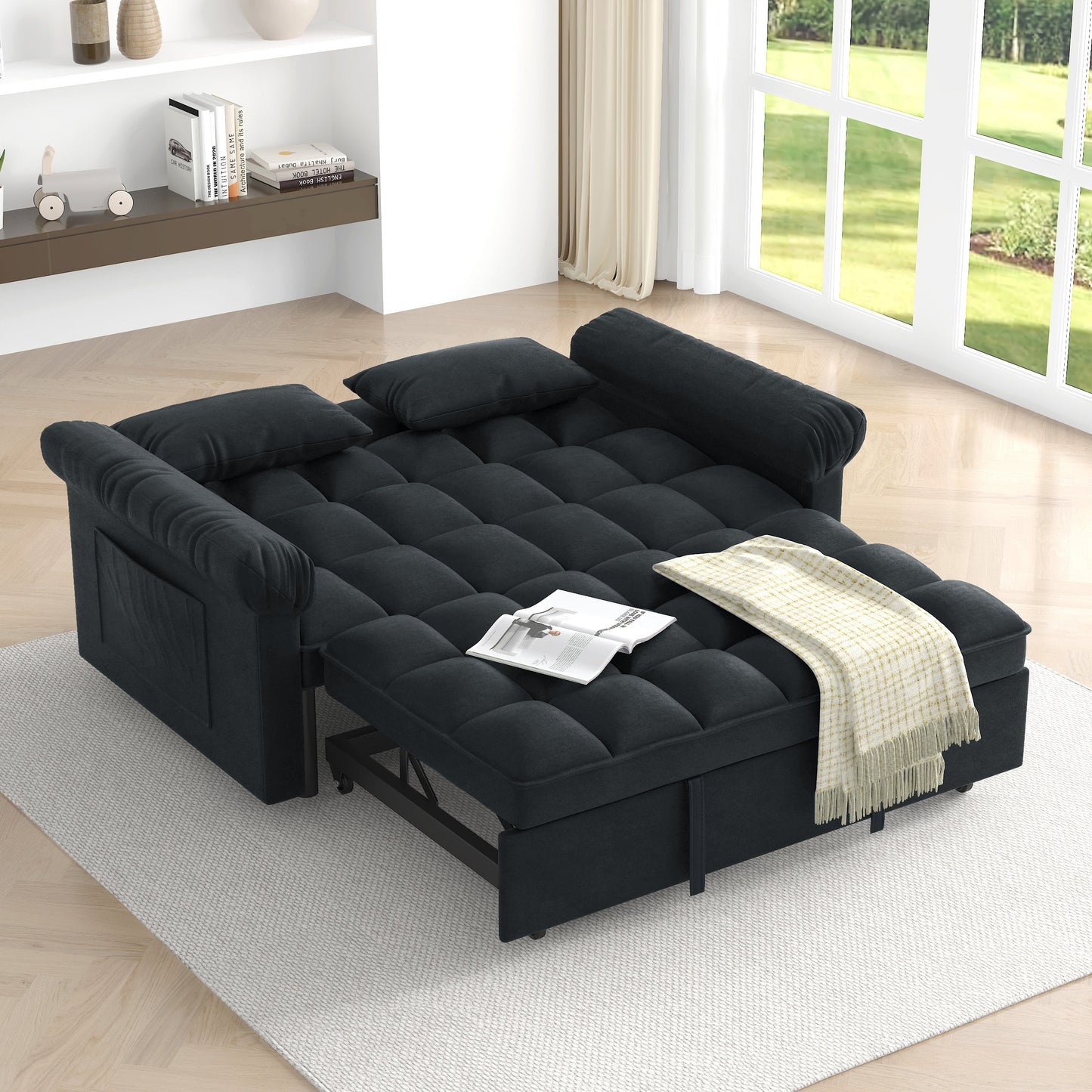 NEW Black Adjustable Back Loveseat Sofa Bed with Pull-out Bed