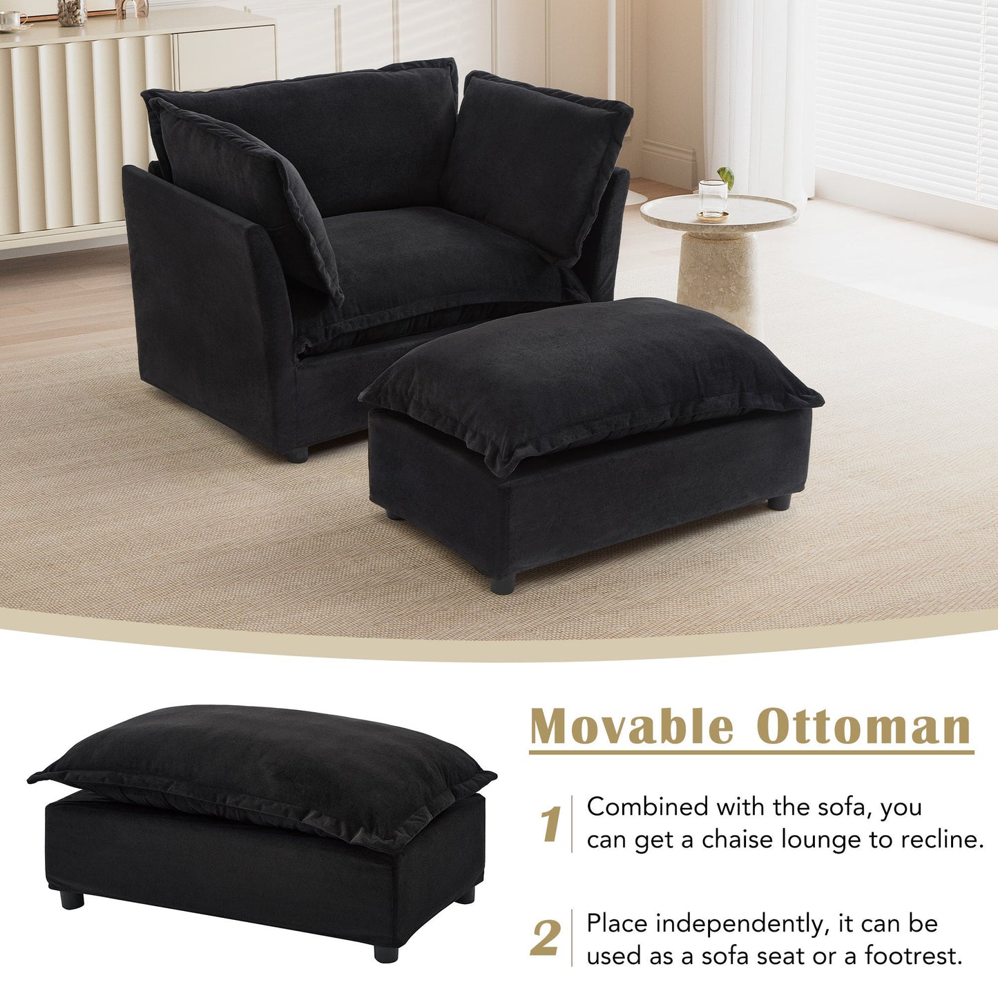 NEW Modern Armchair Sofa 47' Cozy Upholstered Sofa Chair with Movable Ottoman, Black Chenille, Wide Seat & Curved Armrests