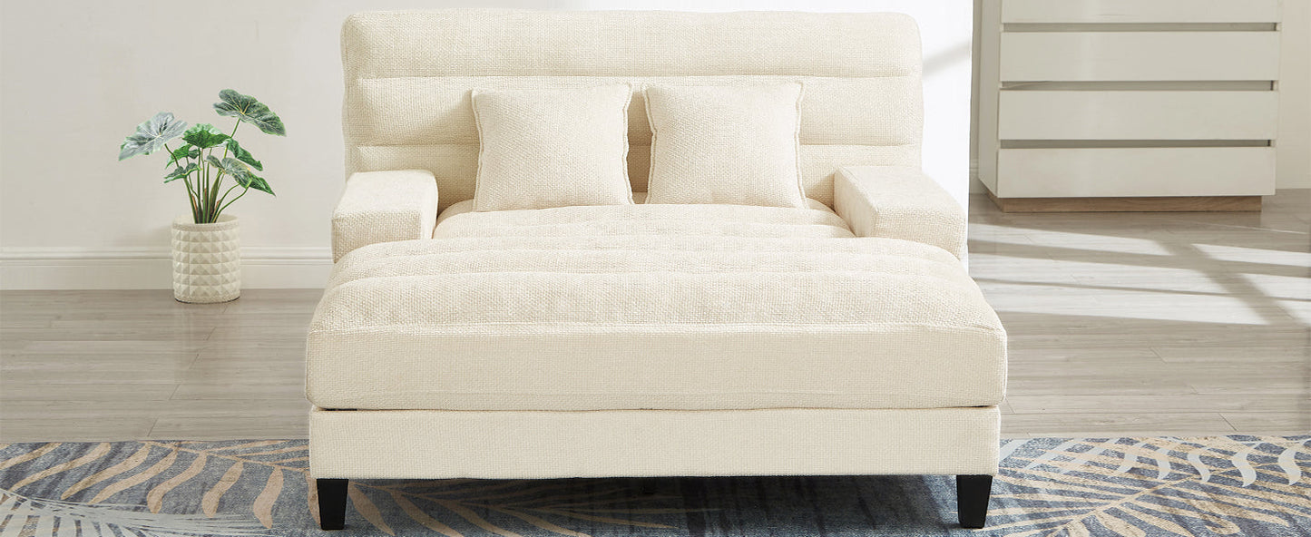 NEW Modern Beige Chaise Lounge Sofa 57.1' Bed Chenille Upholstered Lounge Chair with Adjustable Backrest and LED Light Strip