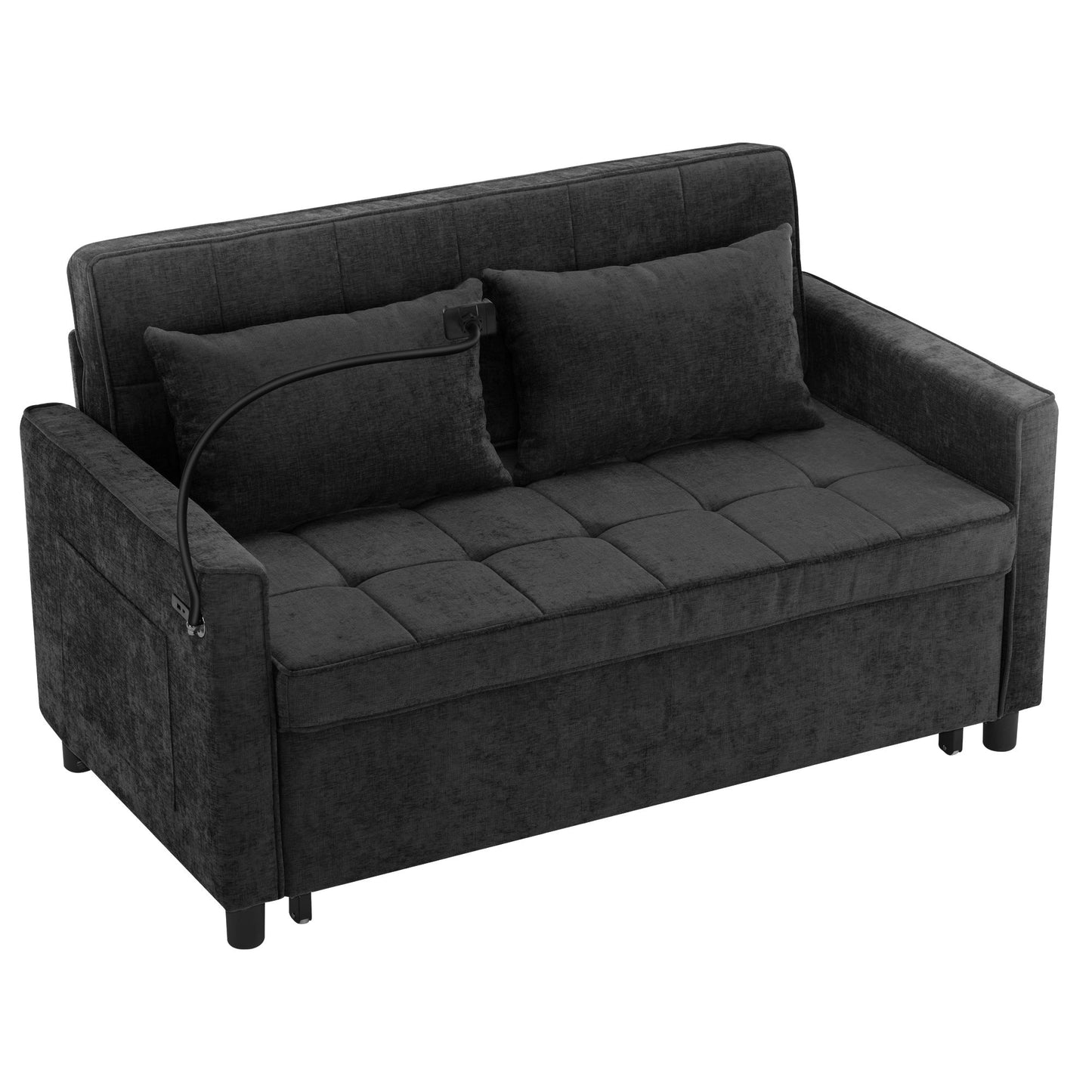 NEW Contemporary 56.9' Loveseat Sofa Bed Sleeper with Reversible Backrest, Side Pockets, USB Ports, Phone Holder, Black Chenille