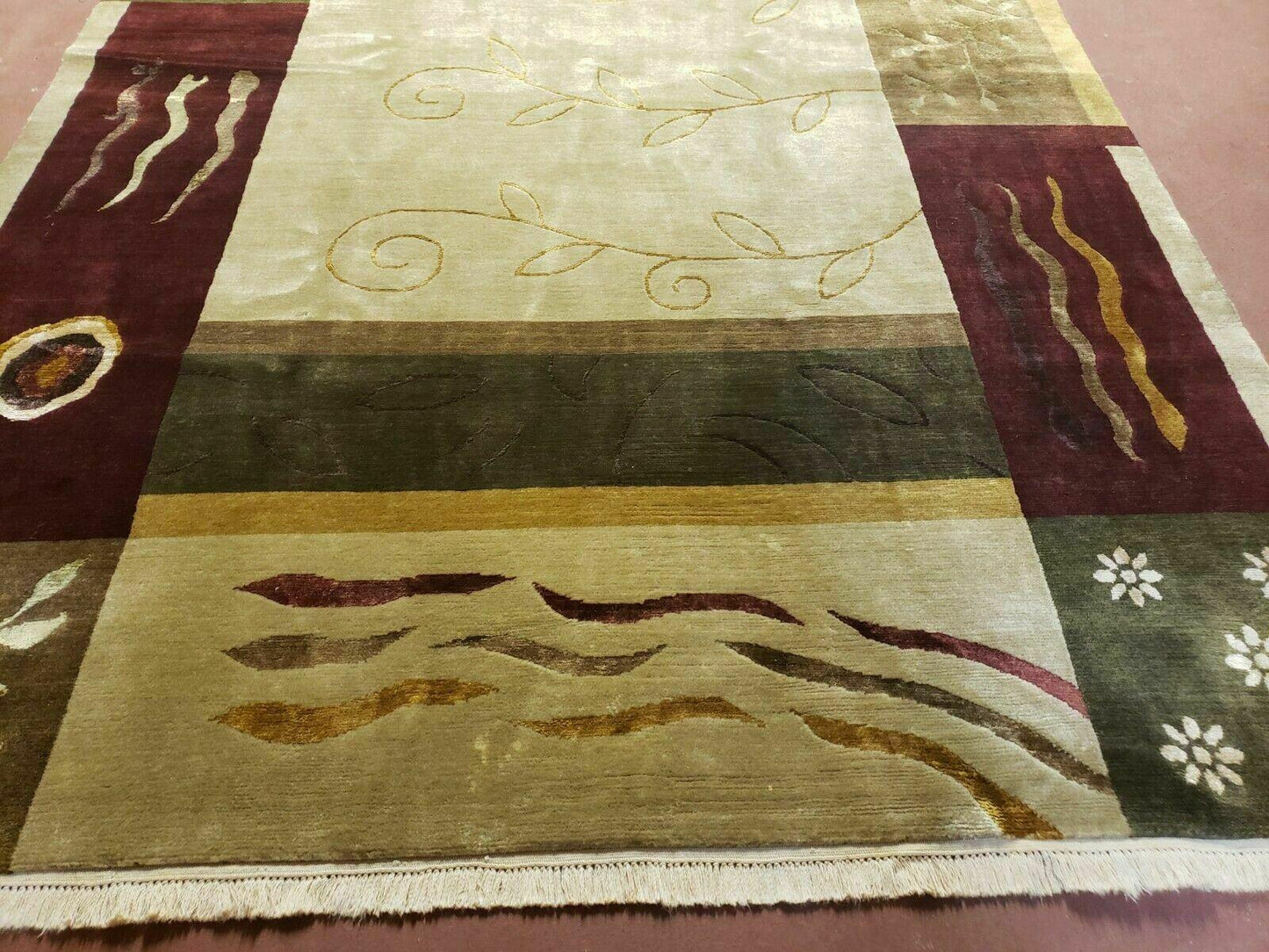 USED 6' X 9' Modern Handmade Tibetan Nepal Wool & Silk Rug Decorative Abstract Gold