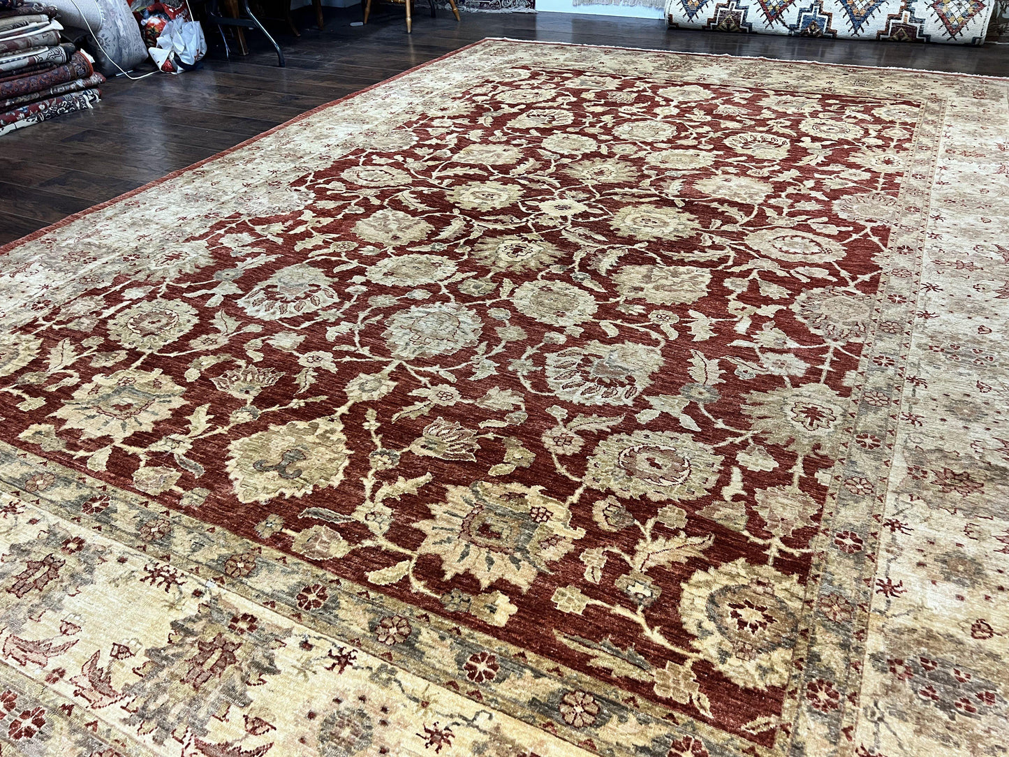 USED Pak Persian Rug 10x14, Sultanabad Mahal Peshawar Chobi Carpet, Large Vintage Wool Oriental Rug, Maroon & Beige, Floral Allover, Handmade