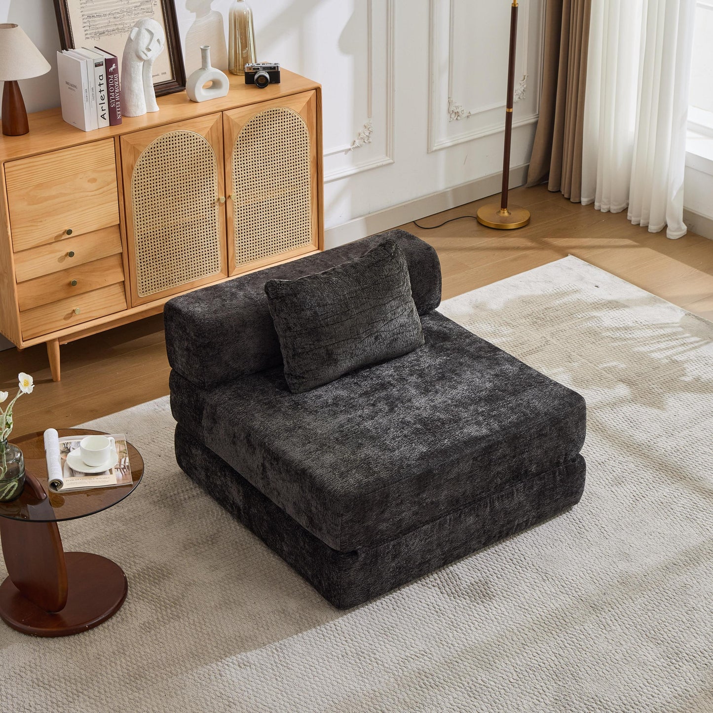 NEW Compression Black Chenille Fabric Convertible Single Seater Boneless Modular Sectional Sofa with Fixed-Shape Frame