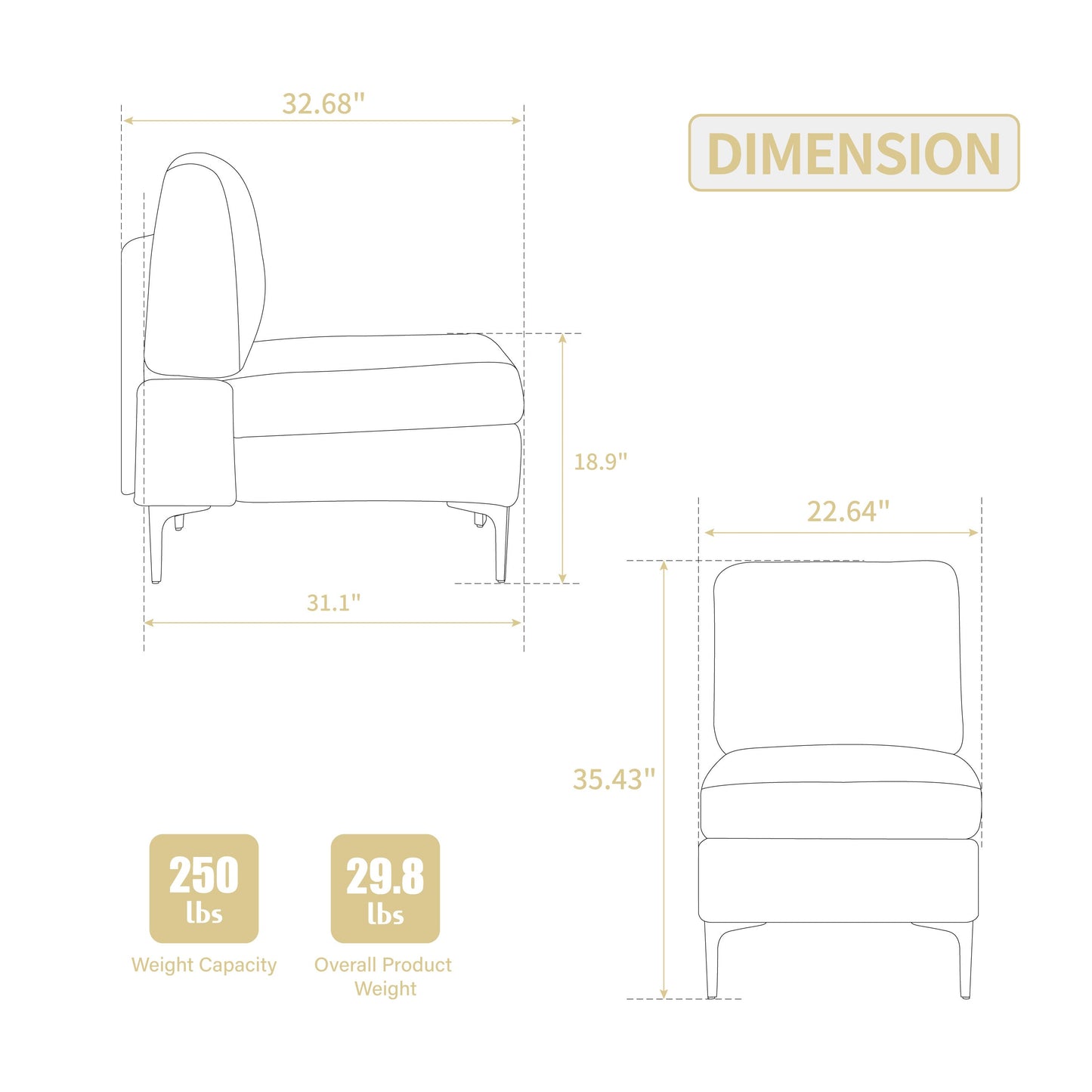 NEW Modular Beige Sectional Sofa Armless Seat Module  Corduroy Single Couch with Back Cushion
