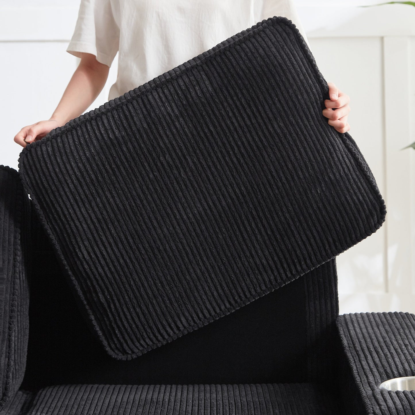 New Modern Corduroy Fabric Sofa, 3-Seater Compressed Couch