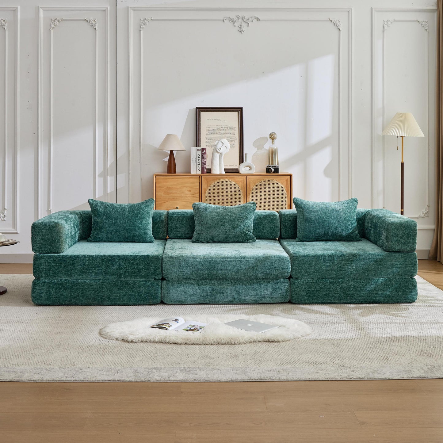 NEW Dark Green Chenille Fabric Compression Convertible Floor Sofa Bed