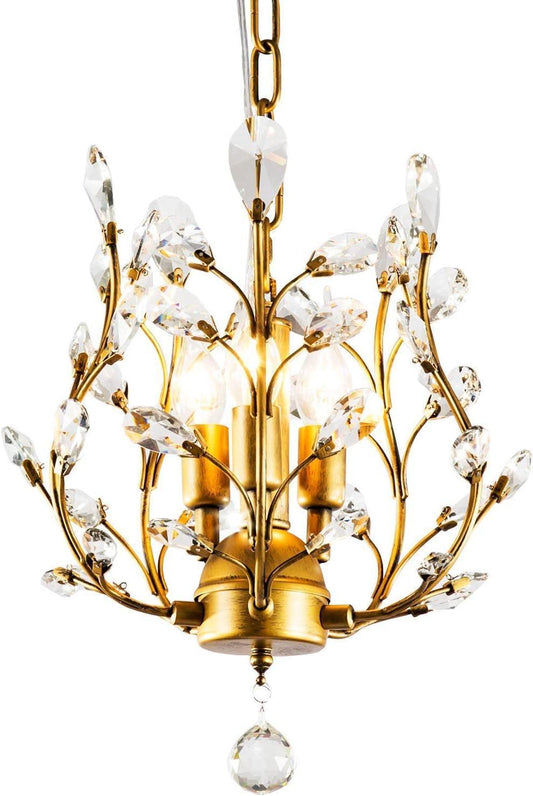 NEW Gold Three Light Crystal Chandelier Ceiling Fixture With Adjustable Chain