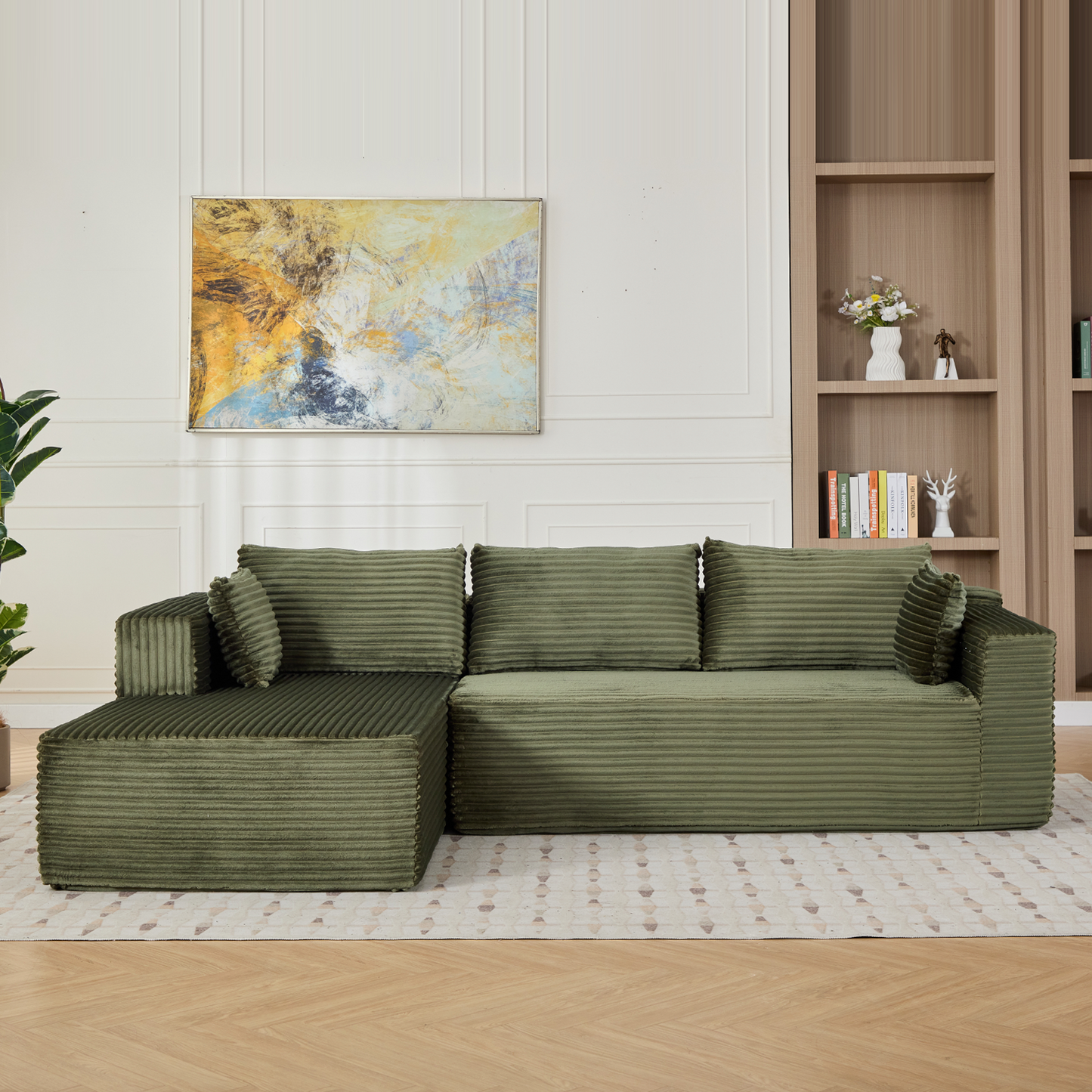 NEW Compression Sectional Couch with Comfy Chaise, Boneless L Shape Sofa with Deep Seat, Minimalist Modular Couches Sleeper for Living Room Bedroom Apartment Lounge,corduroy,Green