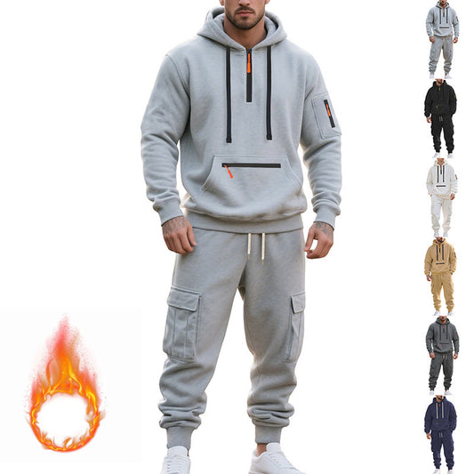 New Men's Loose Sports And Leisure Suit Sweater Fleece-lined Hoodie Set Zipper Multi-Pocket Pullover Men's Sports Casual Top Two-piece Set