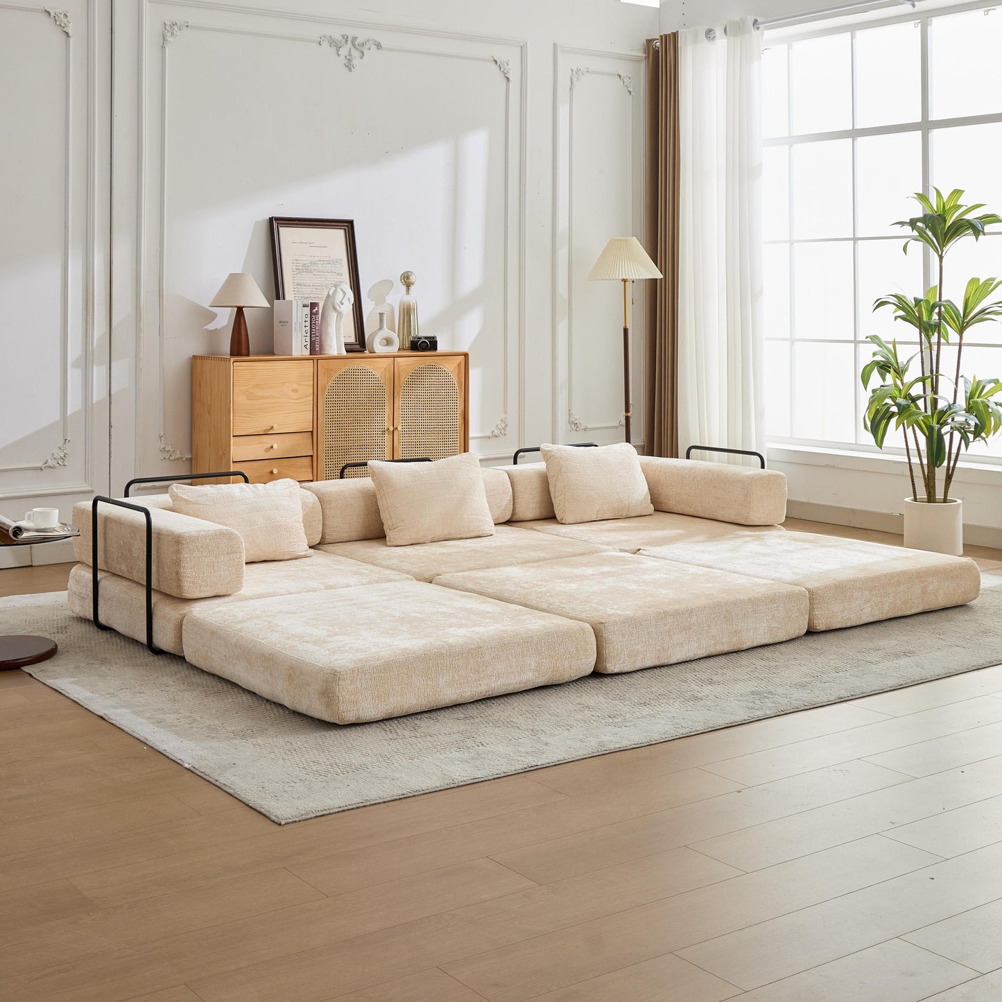 NEW Beige Chenille Fabric Boneless Modular Sectional Sofa Compression Convertible Floor Couch Bed with Fixed-Shape Frame
