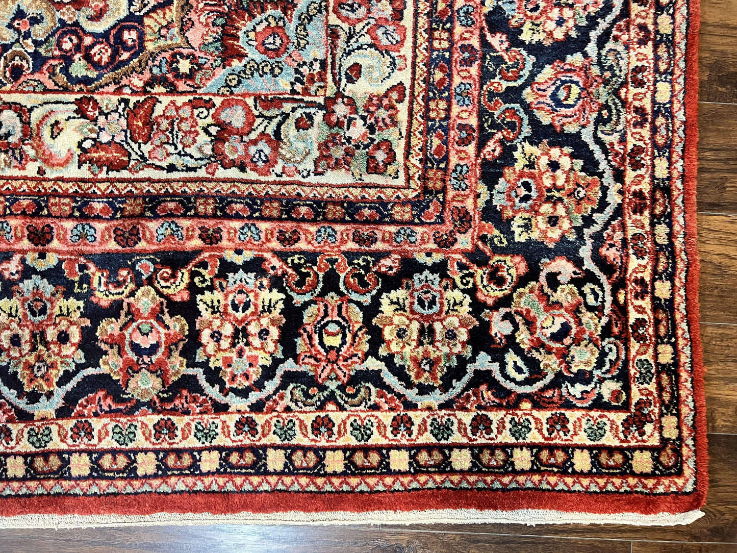USED Persian Sarouk Rug 11x14, Semi Open Field, Large Antique Persian Wool Handmade Carpet, Red and Dark Blue, Floral