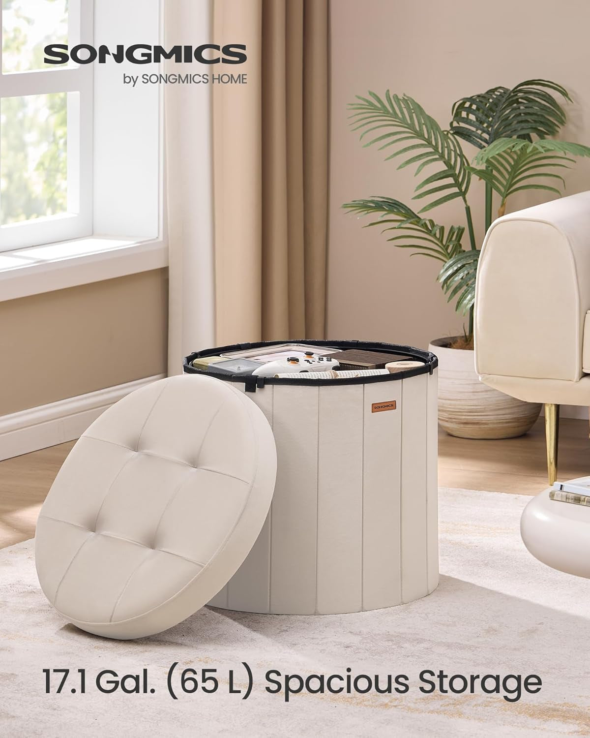 NEW Round Folding Storage Ottoman Cappuccino Beige Velvet