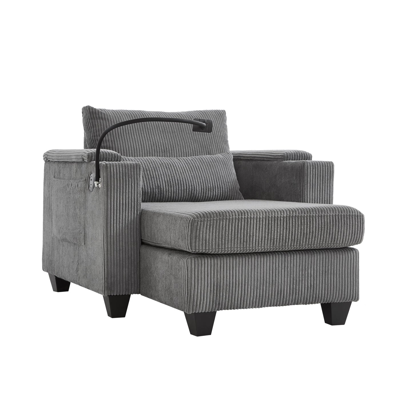 NEW Convertible Chaise Lounge Sofa Chair Corduroy Sleeper with USB Ports Cup Holders and Storage