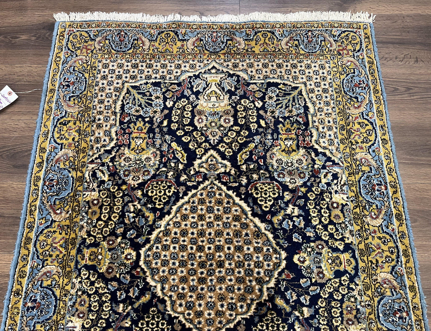 USED Fine Persian Qum Rug 3x5, Semi Antique Vintage Oriental Ghom Carpet, Floral Medallion, Highly Detailed, Hand Knotted, Navy Blue, Wool Area Rug, Birds