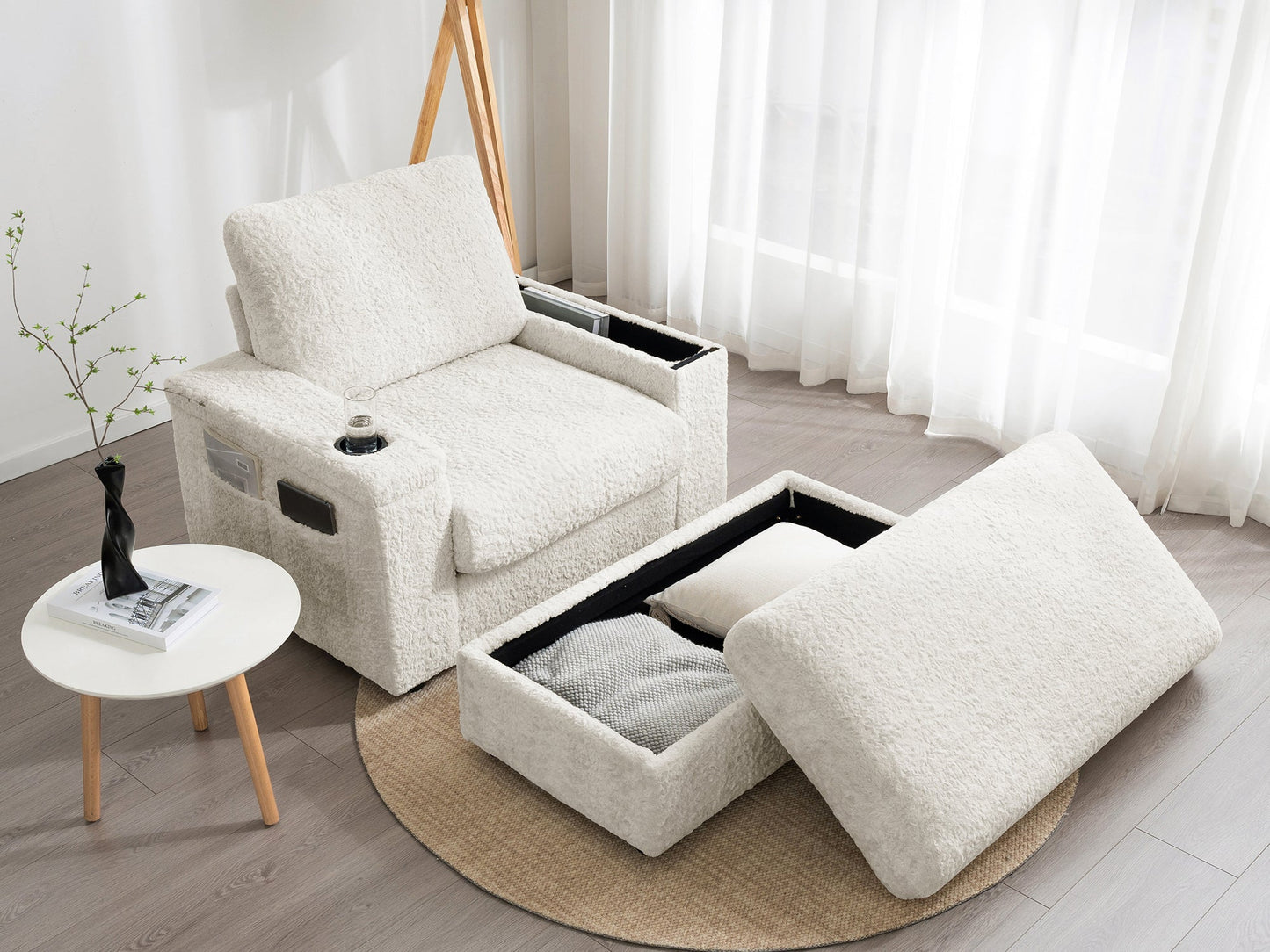 NEW Luxurious Faux Rabbit Fur Oversized Chaise Lounge Sofa Bed with Storage Ottoman Armrests and Cup Holders