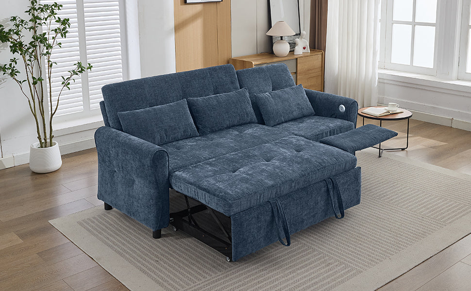 NEW 2-in-1 Sofa 82' Three-seater Sofa with Sofa Bed and Reversible Recliner, Blue Chenille