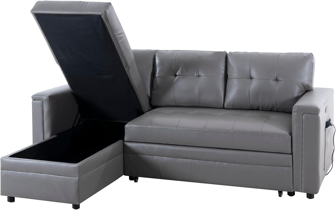 NEW L Shaped Sectional Sleeper Sofa With USB Ports Gray Leather
