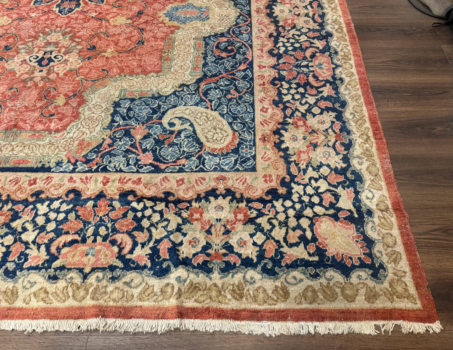 USED Antique Persian Sarouk Rug 9x12, Boteh Paisleys, Light Red Navy Blue