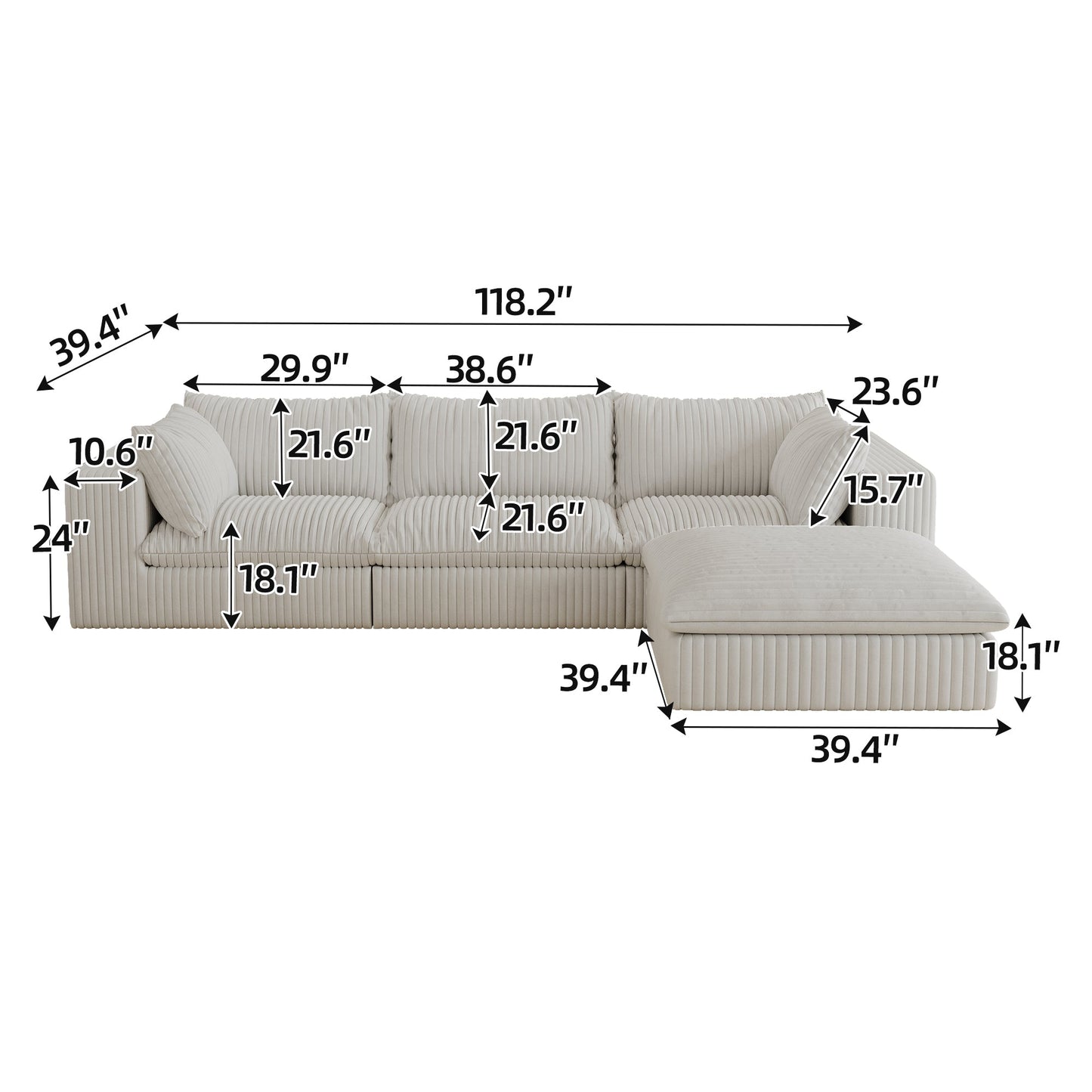 NEW 118.2' Cloud White Corduroy Fabric Deep Seat Double-Layer Design Couch Sofa with Removable Cushion