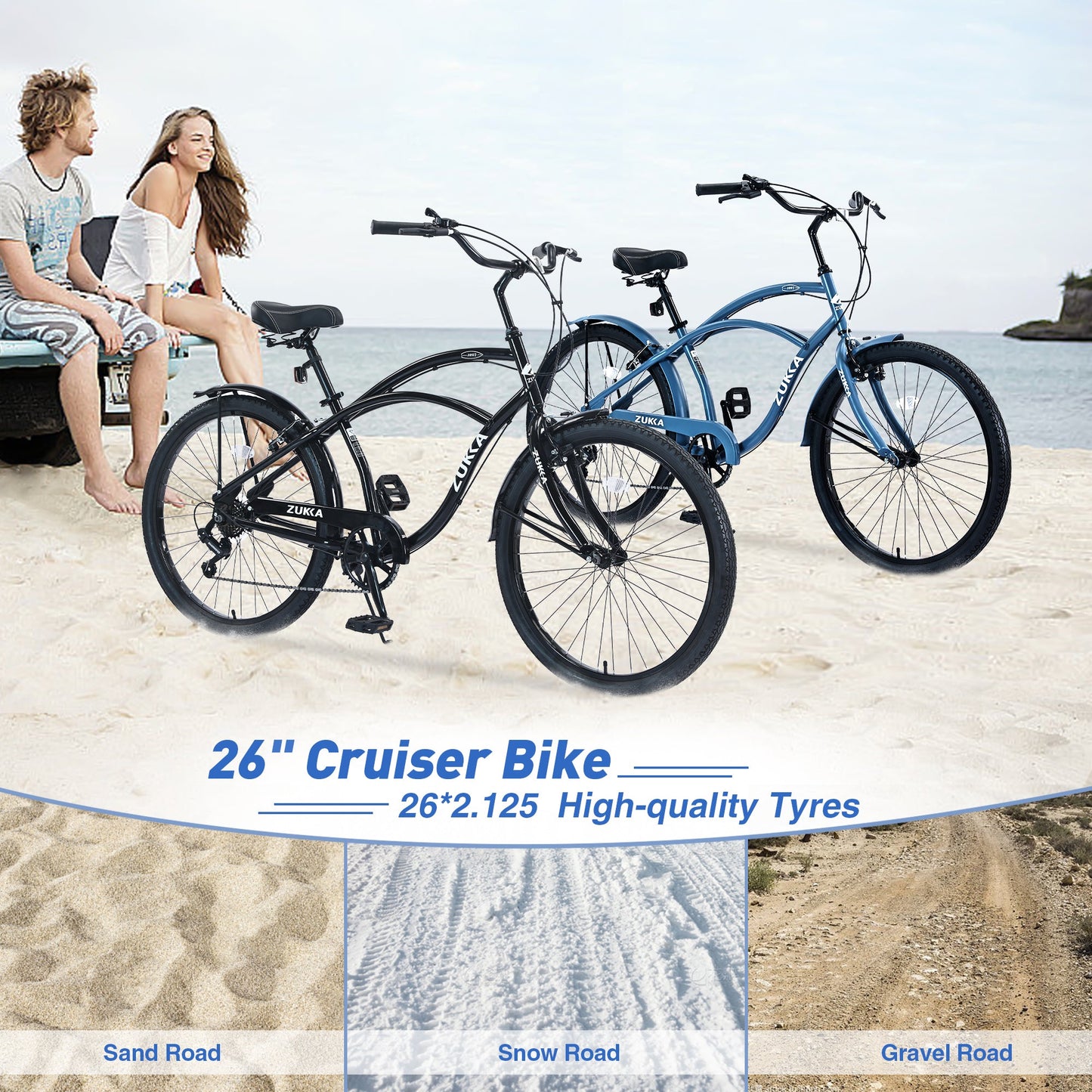 NEW 7 Speed Bicycles,  Multiple Colors 26'Inch  Beach Cruiser Bike