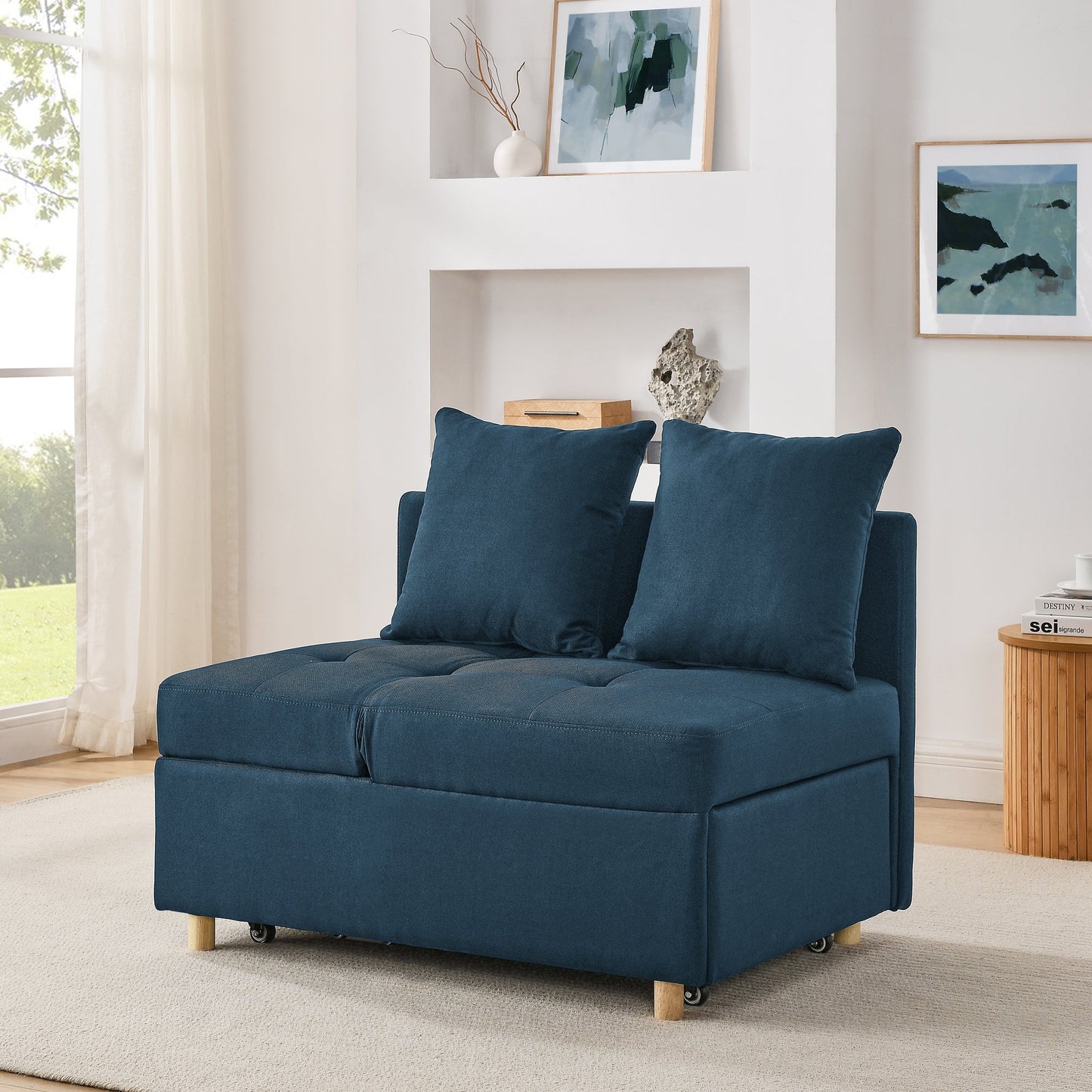 NEW Modern Blue Linen Fabric Convertible Sleeper Adjustable Backrest Couch Chair Recliner with Pullout Sofa Bed and Wheels