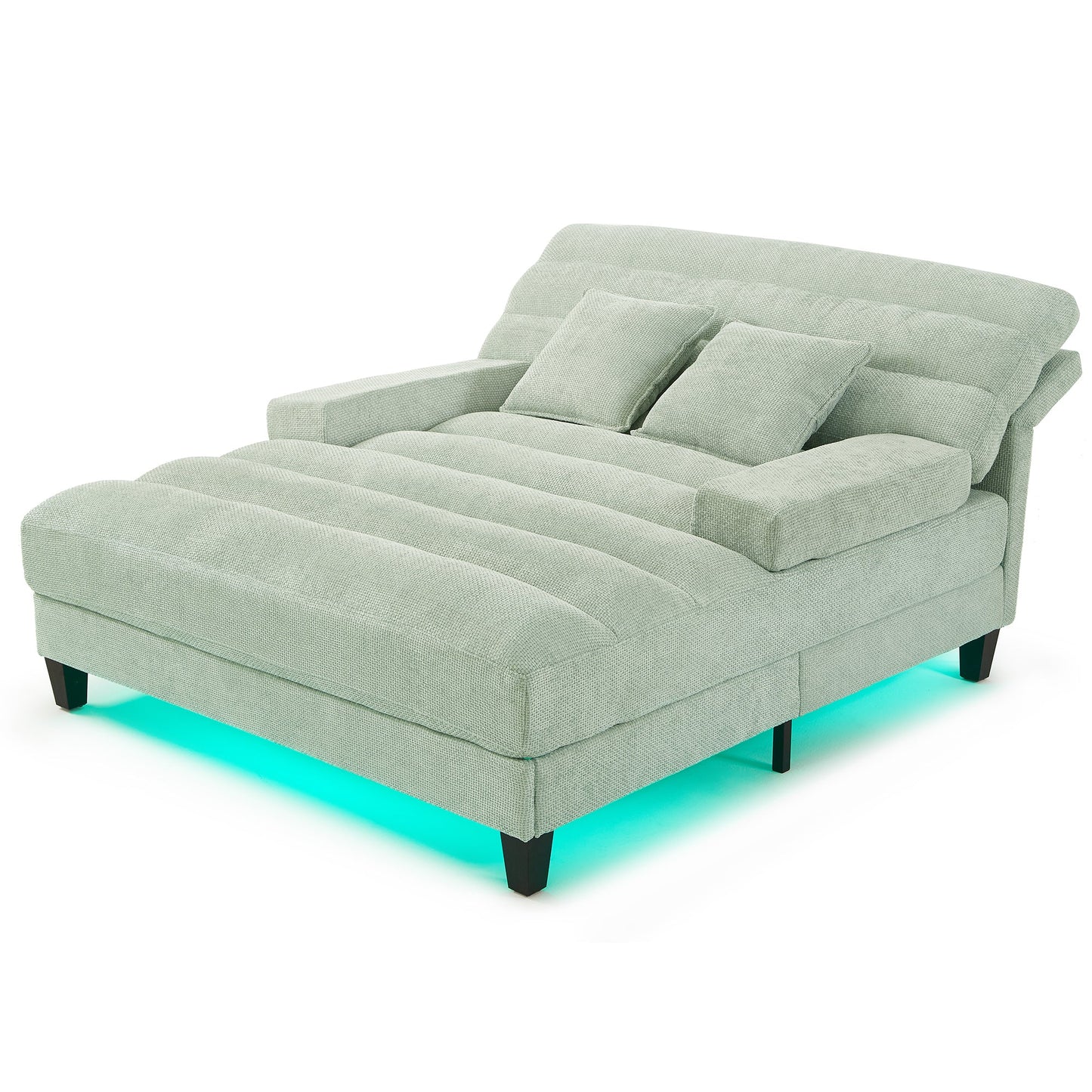 NEW Modern Chaise Lounge Sofa Bed with Adjustable Backrest and LED Light Strip, Green Chenille Upholstered, 57.1 Inches